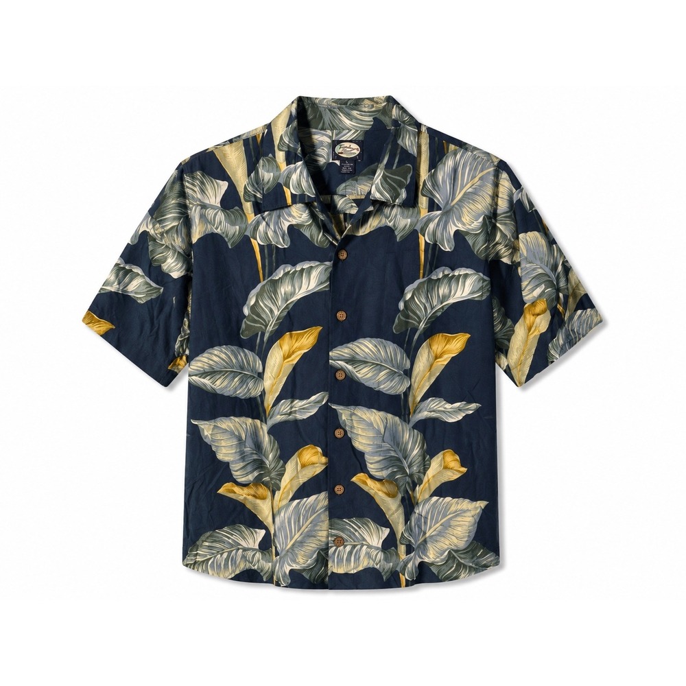 Tommy Bahama Mens XL Hawaiian Camp Shirt Blue Tropical Leaf 100% Rayon Hong Kong